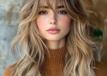 long hair with face framing curtain bangs hairstyle