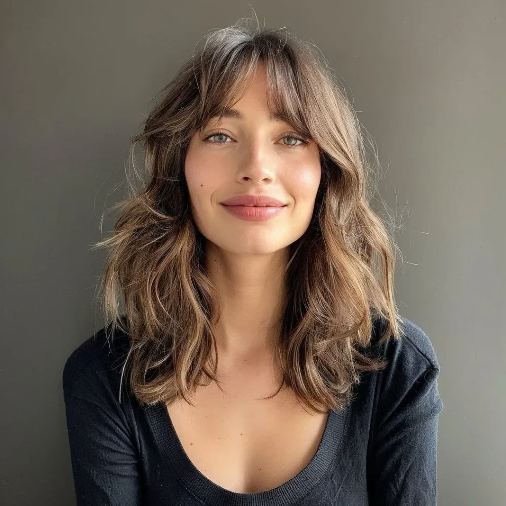 wispy face framing bangs on wavy hair
